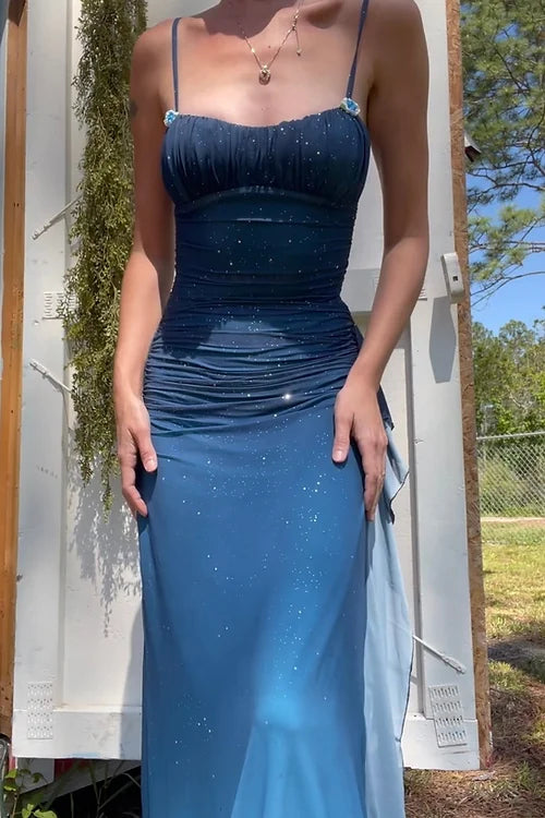 Unique?? Gradient Blue Mermaid Gown for Party&Quinceanera- Spaghetti Straps Glitter Chiffon Long Prom&Evening Dress HZ1108