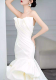 Ivory Strapless Mermaid Wedding Dresses, Tulle Satin Tender Sleeveless Bridal Gowns HZ1108
