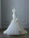 Ivory Strapless Mermaid Wedding Dresses, Tulle Satin Tender Sleeveless Bridal Gowns HZ1108