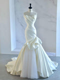 Ivory Strapless Mermaid Wedding Dresses, Tulle Satin Tender Sleeveless Bridal Gowns HZ1108