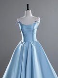 Blue A-Line Spaghetti Straps Satin Long Prom Dress, Blue Long Evening Dress HZ1108