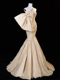 Mermaid One Shoulder Satin Champagne Long Prom Dress, Champagne Long Evening Dress HZ1108