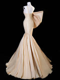 Mermaid One Shoulder Satin Champagne Long Prom Dress, Champagne Long Evening Dress HZ1108