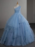 A-Line One Shoulder Tulle Blue Long Prom Dress, Blue Long Evening Dress HZ1108