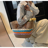 Rainbow striped straw bag beach seaside holiday large capacity handbag HZ1108