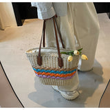Rainbow striped straw bag beach seaside holiday large capacity handbag HZ1108