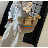 Rainbow striped straw bag beach seaside holiday large capacity handbag HZ1108