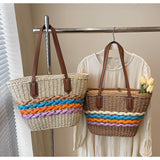 Rainbow striped straw bag beach seaside holiday large capacity handbag HZ1108