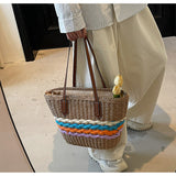 Rainbow striped straw bag beach seaside holiday large capacity handbag HZ1108