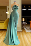 Elegant Strapless Long Green Satin Mermaid Sleeveless Beading Prom Dresses With Ruffles Long HZ1108
