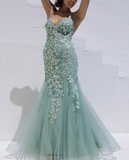 Tiffany Blue Spaghetti Straps Lace Appliques Mermaid V-Neck Tulle Long Prom Dress HZ1108