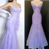 Tiffany Blue Spaghetti Straps Lace Appliques Mermaid V-Neck Tulle Long Prom Dress HZ1108