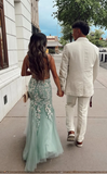 Tiffany Blue Spaghetti Straps Lace Appliques Mermaid V-Neck Tulle Long Prom Dress HZ1108