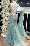 Tiffany Blue Spaghetti Straps Lace Appliques Mermaid V-Neck Tulle Long Prom Dress HZ1108