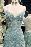 Tiffany Blue Spaghetti Straps Lace Appliques Mermaid V-Neck Tulle Long Prom Dress HZ1108