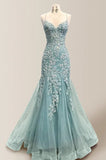 Tiffany Blue Spaghetti Straps Lace Appliques Mermaid V-Neck Tulle Long Prom Dress HZ1108