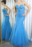 Tiffany Blue Spaghetti Straps Lace Appliques Mermaid V-Neck Tulle Long Prom Dress HZ1108