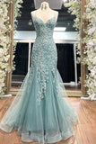 Tiffany Blue Spaghetti Straps Lace Appliques Mermaid V-Neck Tulle Long Prom Dress HZ1108