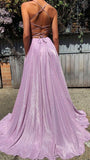 Sparkly A-Line Pink Sequin Prom Dresses V Neck Evening Dress HZ1108