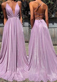Sparkly A-Line Pink Sequin Prom Dresses V Neck Evening Dress HZ1108