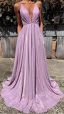 Sparkly A-Line Pink Sequin Prom Dresses V Neck Evening Dress HZ1108