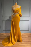 Vintage Jewel Asymmetric Satin Beading Long Sleeves Evening Prom Dresses with Appliques HZ1108