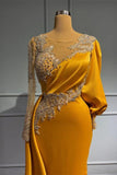 Vintage Jewel Asymmetric Satin Beading Long Sleeves Evening Prom Dresses with Appliques HZ1108