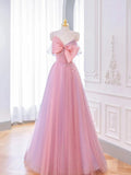 Lovely A-line Pink Tulle Long Prom Dress with Bow, Pink Formal Dresses HZ1108
