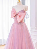 Lovely A-line Pink Tulle Long Prom Dress with Bow, Pink Formal Dresses HZ1108