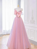 Lovely A-line Pink Tulle Long Prom Dress with Bow, Pink Formal Dresses HZ1108