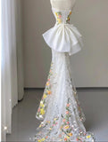 White Wedding Dress Elegant Mermaid Strapless Tulle Lace Long Prom Dress Applique Evening Dress HZ1108
