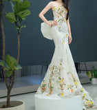 White Wedding Dress Elegant Mermaid Strapless Tulle Lace Long Prom Dress Applique Evening Dress HZ1108