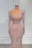 Designer Pink V-neck Lace Mermaid Prom Dress Evening Gowns With Long Sleeves HZ1108