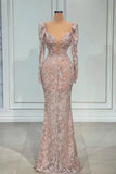 Designer Pink V-neck Lace Mermaid Prom Dress Evening Gowns With Long Sleeves HZ1108