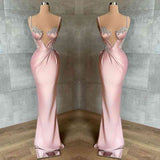 Pink Spaghetti-Straps Mermaid Satin Prom Dress Sleeveless With Appliques HZ1108