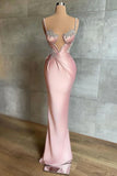 Pink Spaghetti-Straps Mermaid Satin Prom Dress Sleeveless With Appliques HZ1108