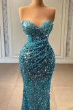 Stunning Sweetheart Blue Mermaid Prom Dress Long With Sequins Beads HZ1108