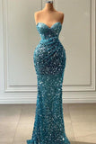 Stunning Sweetheart Blue Mermaid Prom Dress Long With Sequins Beads HZ1108