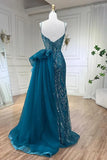 Sky Blue Elegant Mermaid Spaghetti Strap Tulle Beading Long Prom Dress HZ1108
