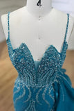 Sky Blue Elegant Mermaid Spaghetti Strap Tulle Beading Long Prom Dress HZ1108