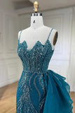 Sky Blue Elegant Mermaid Spaghetti Strap Tulle Beading Long Prom Dress HZ1108