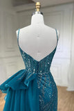 Sky Blue Elegant Mermaid Spaghetti Strap Tulle Beading Long Prom Dress HZ1108