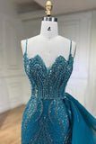 Sky Blue Elegant Mermaid Spaghetti Strap Tulle Beading Long Prom Dress HZ1108