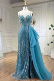 Sky Blue Elegant Mermaid Spaghetti Strap Tulle Beading Long Prom Dress HZ1108