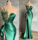 Mermaid Satin Asymmetrical High Split Beaded Floor-length Sleeveless Prom Dress HZ1108