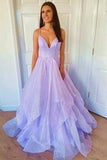 Purple Elegant A-line V-neck Spaghetti Strap Tulle Long Prom Dress HZ1108