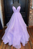 Purple Elegant A-line V-neck Spaghetti Strap Tulle Long Prom Dress HZ1108