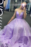 Purple Elegant A-line V-neck Spaghetti Strap Tulle Long Prom Dress HZ1108