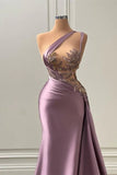 Mermaid Sleeveless Asymmetric Satin Long Prom Dress with Pleated Beadings HZ1108