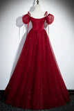 Burgundy A-Line Satin Tulle Floor Length Prom Dress, Off Shoulder Formal Evening Dress HZ1108